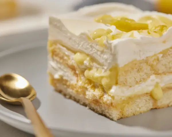 Ein Stück Zitronen Tiramisu mit cremiger Füllung und Zitronenscheiben, daneben eine goldene Löffel.