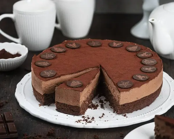Eine köstliche Schoko Torte, bestäubt mit Kakao und verziert mit Schokoladensternen und -hirschen. Ein Stück ist bereits angeschnitten.