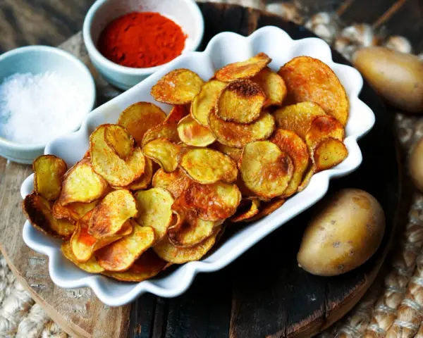 Selbstgemachte Kartoffelchips, goldbraun und knusprig, mit Salz und Paprikapulver gewürzt. So einfach ist kartoffelchips selber machen!