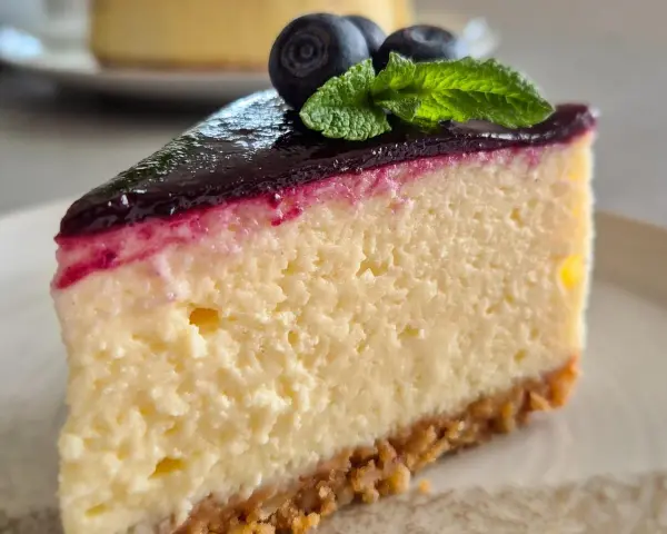 Ein Stück cremiger Blueberry Cheesecake mit Blaubeersauce, frischen Blaubeeren und Minze.