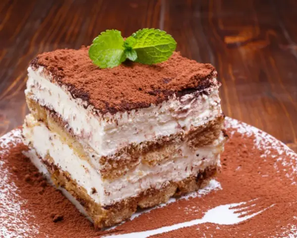 Ein Stück cremiges Tiramisu ohne Ei, bestäubt mit Kakao und garniert mit Minze, auf einem Teller mit Kakaopulver und einer Gabel.