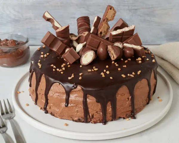 Eine üppige Nutella Torte, dekoriert mit vielen Schokoriegeln und Pralinen, daneben ein Glas Nutella.