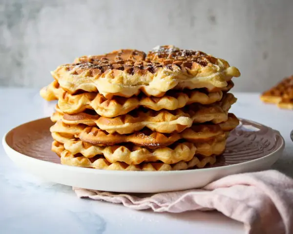 Ein Stapel goldbrauner Quarkwaffeln, bestäubt mit Puderzucker. Perfekt für ein schnelles Quarkwaffeln Rezept.