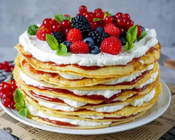 Eine hohe Pfannkuchen Torte mit Sahne und roter Marmelade, gekrönt mit frischen Beeren und Minze.