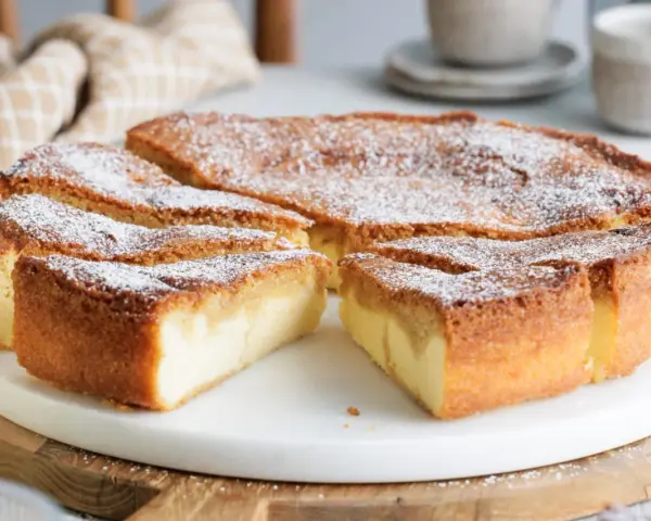 Ein köstlicher Käsekuchen, bestäubt mit Puderzucker. Perfekt zum Genießen, dreh dich um, Kuchen!