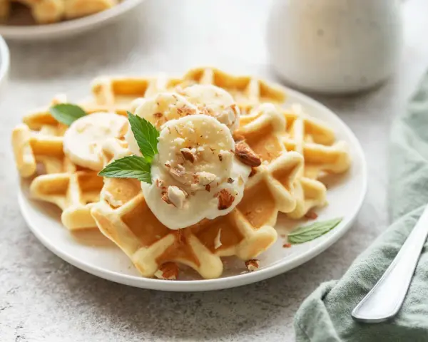 Goldbraune Skyr Waffeln mit Bananenscheiben, gehackten Mandeln und Minze. Ein köstlicher Start in den Tag!