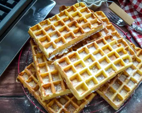 Frisch gebackene belgische Waffeln, mit Puderzucker bestäubt, liegen auf einem Gitter. Daneben ein Waffeleisen und eine karierte Serviette.