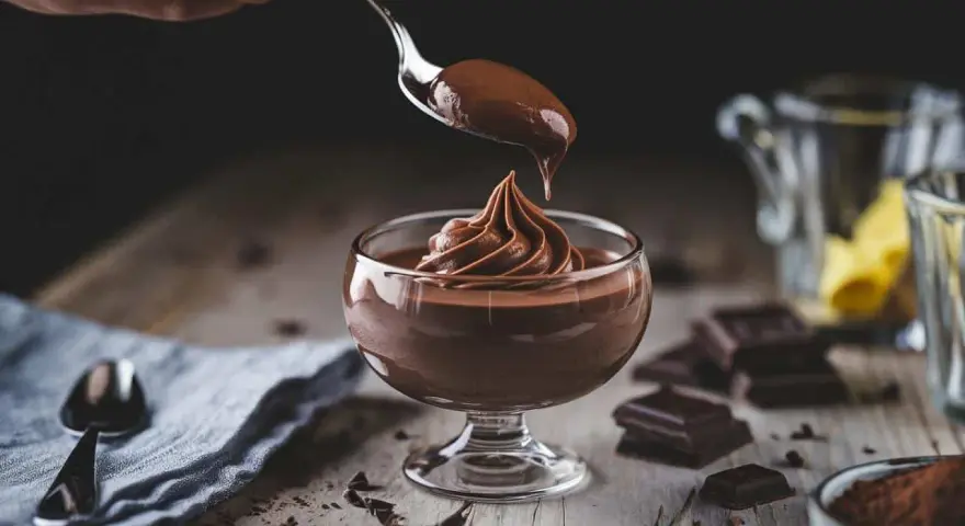 Ein Löffel mit cremigem Mousse au Chocolat tropft auf eine kunstvoll aufgespritze Portion in einem Glas.