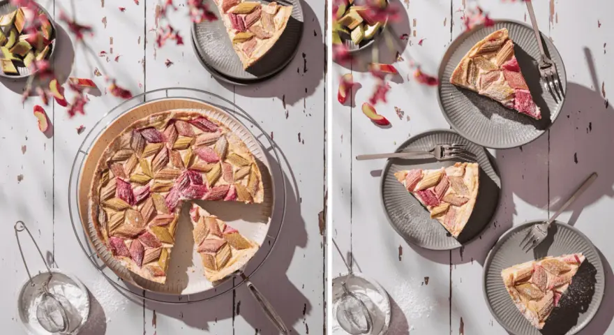 Ein köstlicher Rhabarberkuchen mit Pudding, kunstvoll arrangiert mit frischen Rhabarberstücken und Puderzucker bestäubt.