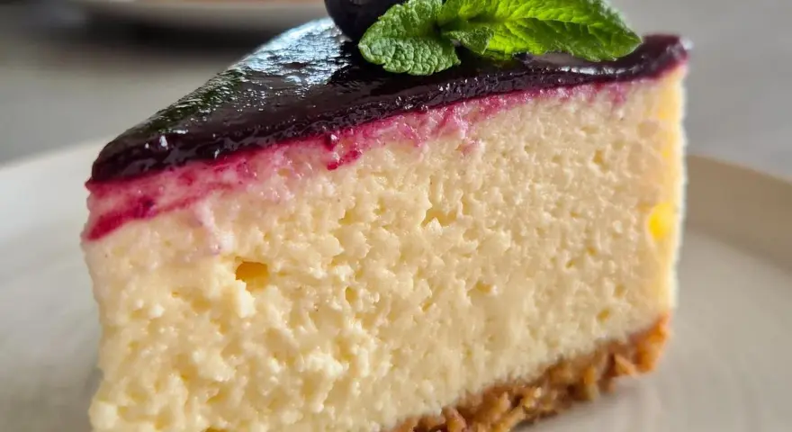 Ein Stück cremiger Blueberry Cheesecake mit Blaubeersauce, frischen Blaubeeren und Minze.