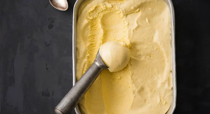 Cremiges Vanilleeis, frisch aus der Eismaschine, bereit zum Genießen. So einfach lässt sich Vanilleeis selber machen!