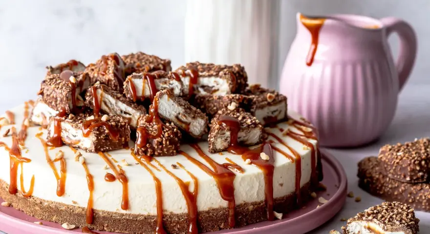 Eine cremige Maxi King Torte, dekoriert mit Karamell und Schokostückchen. Ein Traum für jeden Schokoladenliebhaber!