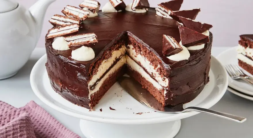 Eine köstliche Kinder Pingui Torte mit Schokoladenglasur, Sahnetupfern und kleinen Schoko-Biskuit-Stücken. Ein Stück ist bereits angeschnitten.