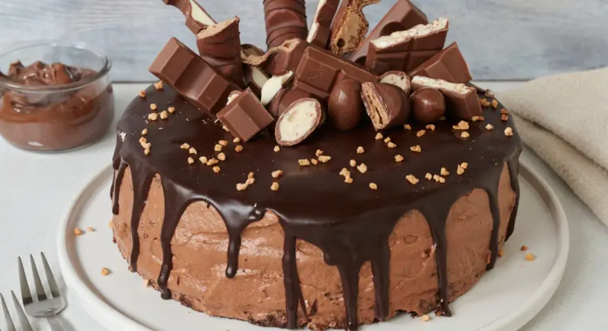 Eine üppige Nutella Torte, dekoriert mit vielen Schokoriegeln und Pralinen, daneben ein Glas Nutella.