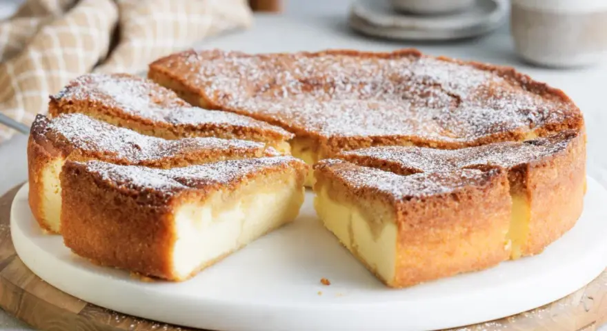 Ein köstlicher Käsekuchen, bestäubt mit Puderzucker. Perfekt zum Genießen, dreh dich um, Kuchen!