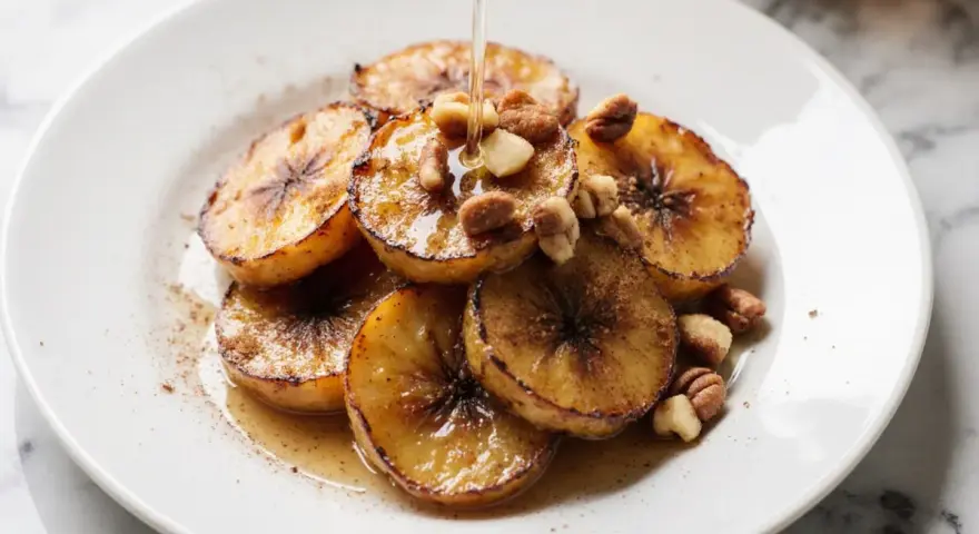 Gebackene Banane mit Nüssen und Sirup beträufelt, ein süßer Genuss auf einem weißen Teller.