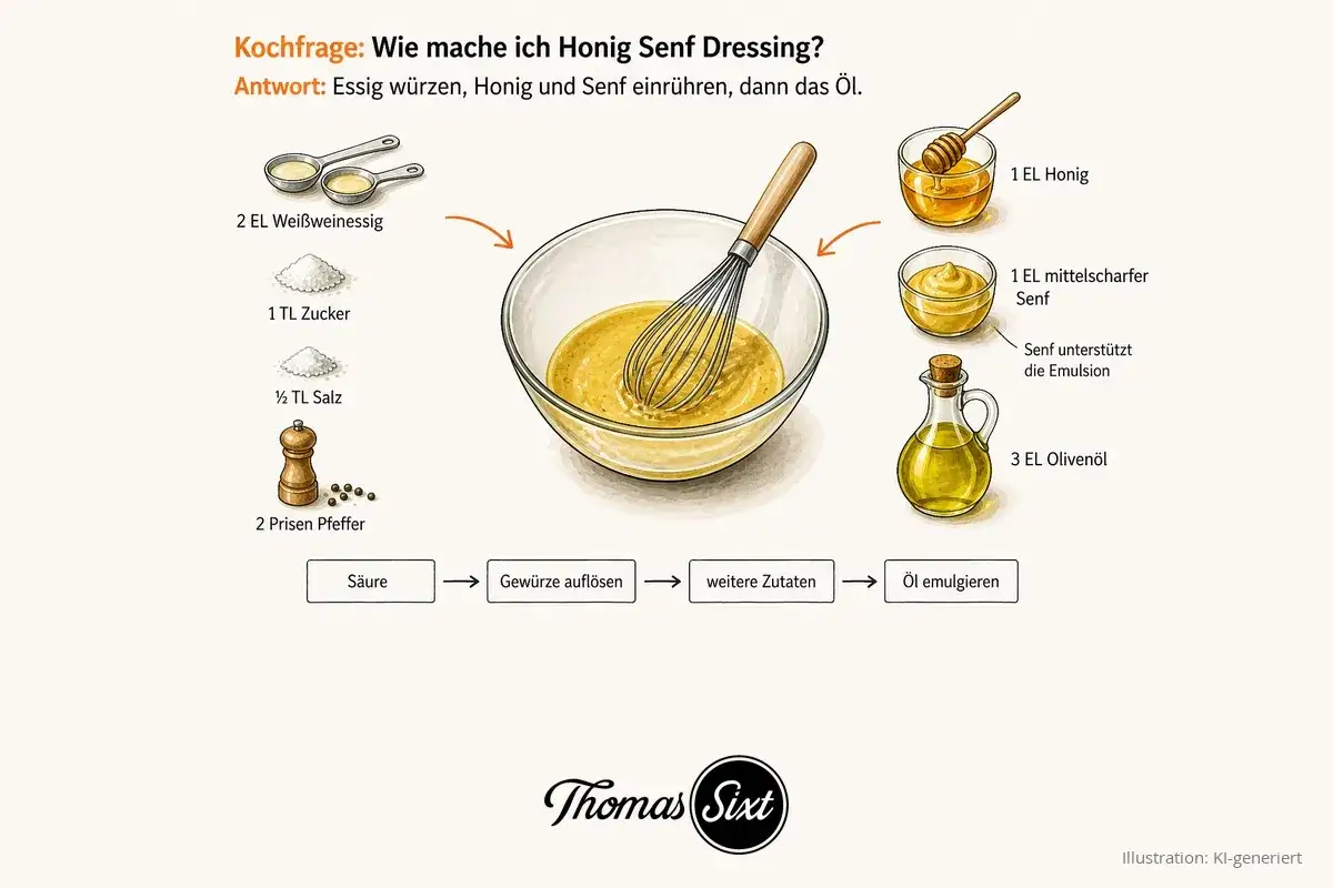 Zutaten für ein Honig Senf Dressing: Essig, Zucker, Salz, Pfeffer, Honig, Senf und Olivenöl werden zu einem cremigen Dressing verarbeitet.