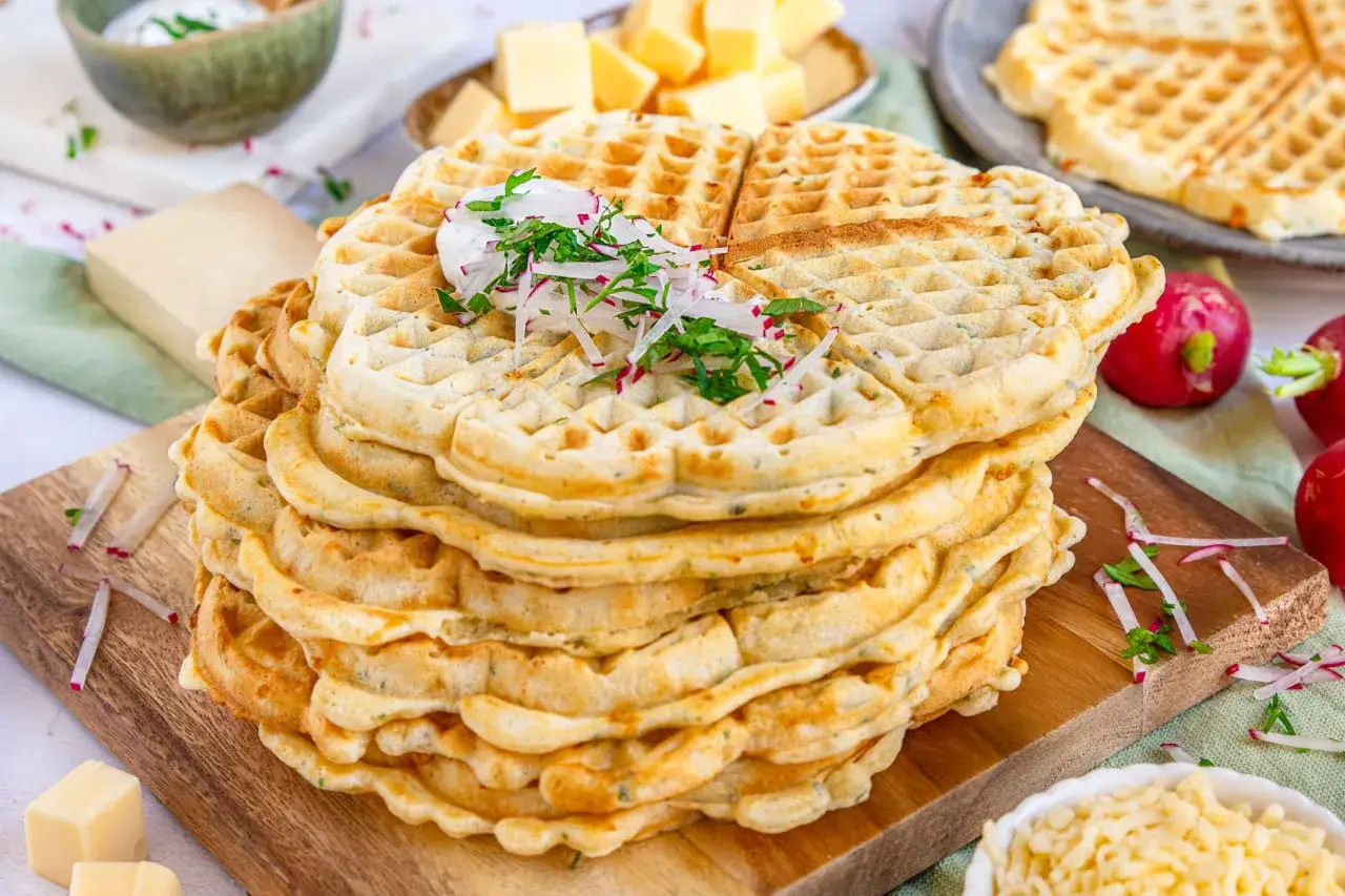 Ein Stapel herzhafte Waffeln, garniert mit Radieschen und Kr&auml;utern, daneben Butter und K&auml;se.