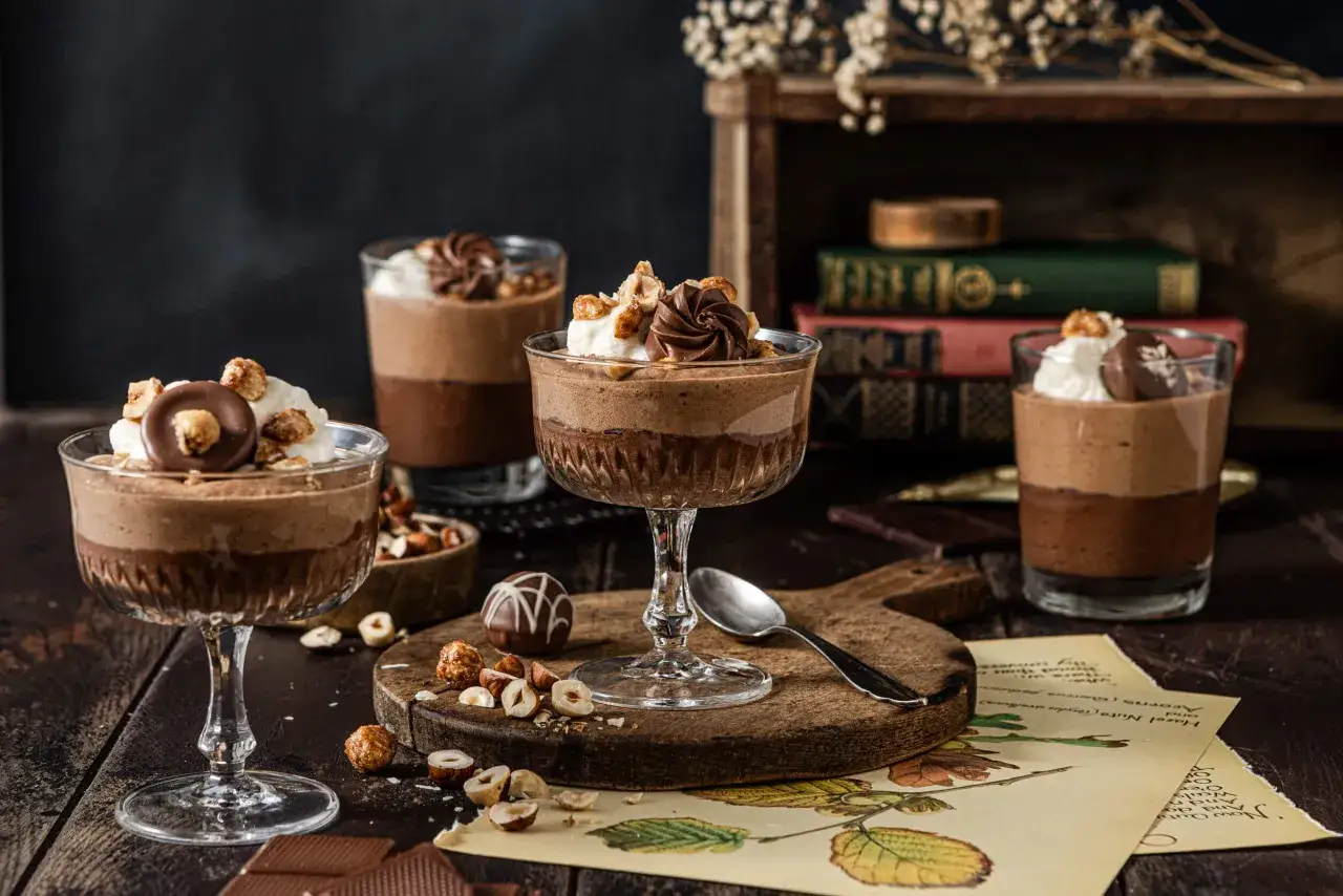 Schokoladenmousse-Desserts in Gl&auml;sern, garniert mit Sahne, N&uuml;ssen und Schokolade. Ein Genuss f&uuml;r jeden Schokoladenliebhaber.