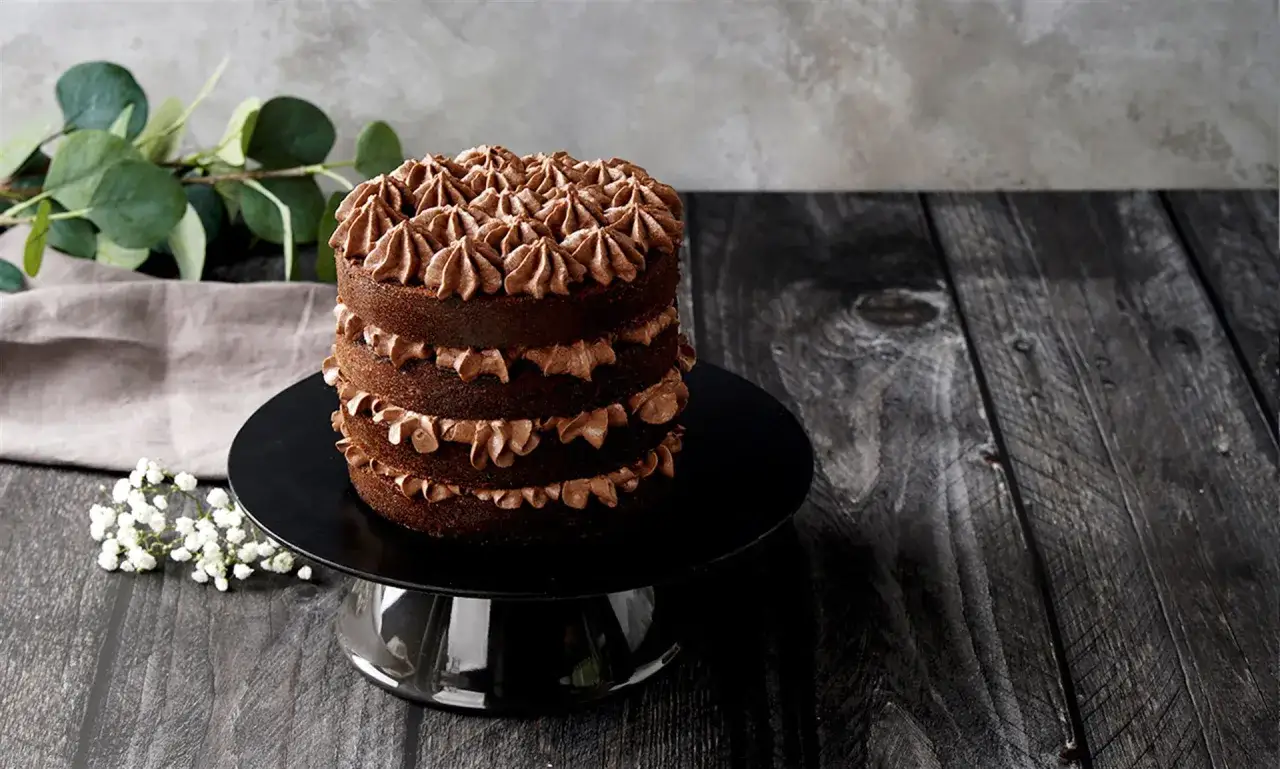 Ein schoko biskuitboden-Torte mit Schokoladencreme, dekoriert mit kleinen wei&szlig;en Bl&uuml;ten und gr&uuml;nen Bl&auml;ttern.
