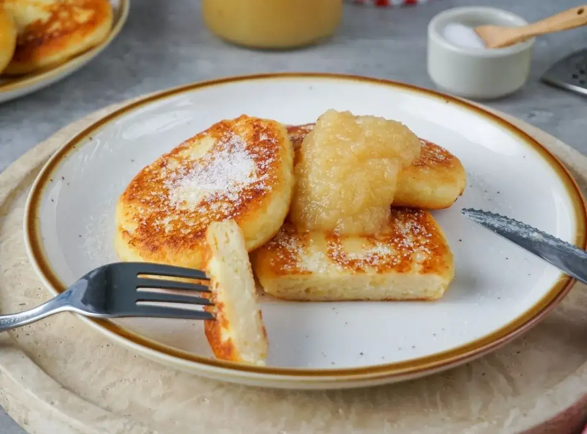 Goldbraune Quarkkeulchen, bestreut mit Puderzucker, serviert mit Apfelmus. Ein köstliches Quarkkeulchen Rezept zum Genießen.