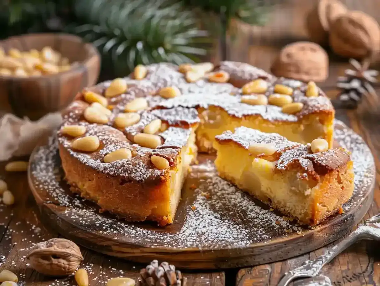 Eine k&ouml;stliche Torta della Nonna, best&auml;ubt mit Puderzucker und garniert mit Pinienkernen, auf einem rustikalen Holzbrett.