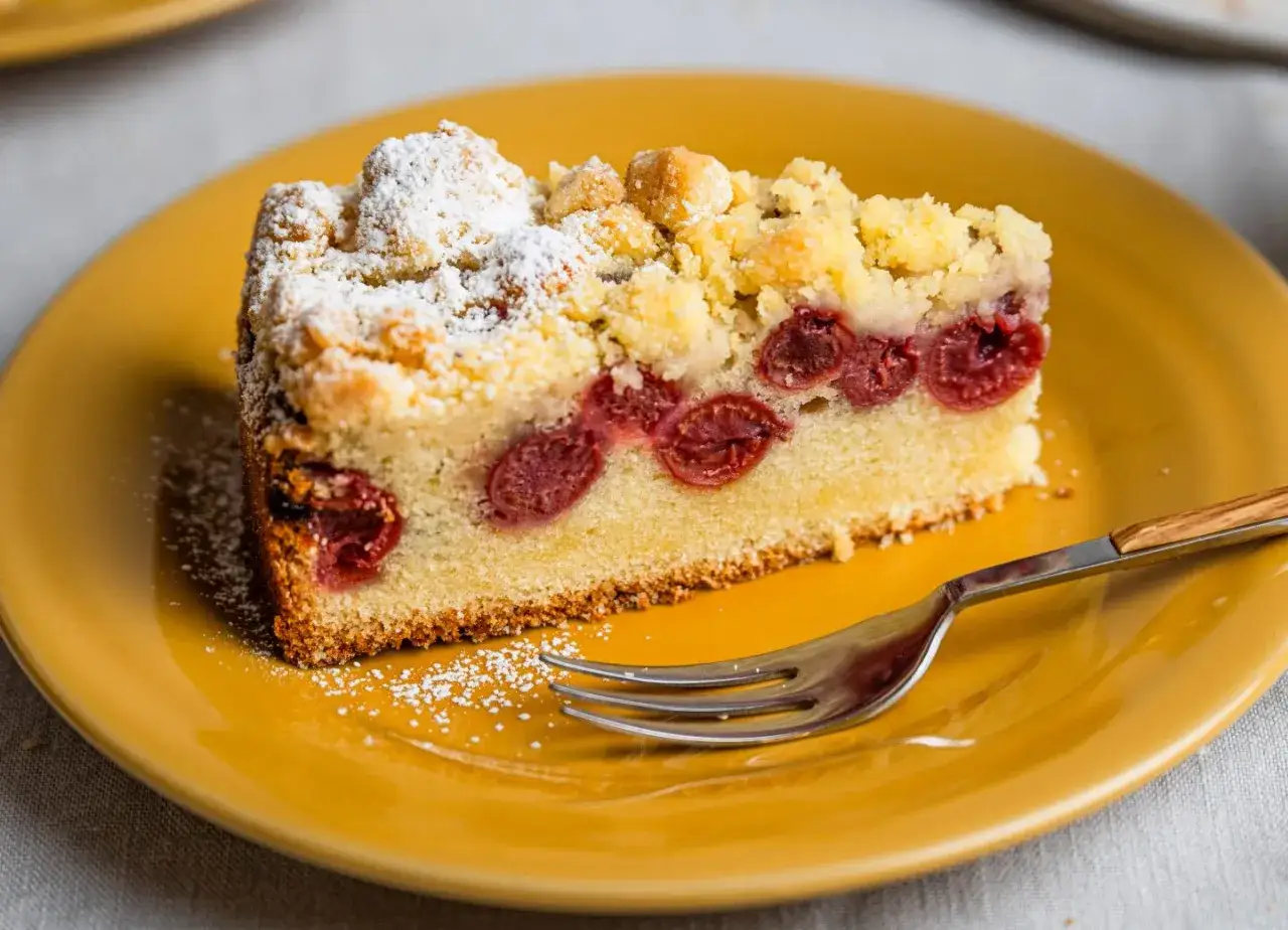 Ein saftiges Stück Kirschkuchen mit Streuseln und Puderzucker, perfekt für ein Kirschkuchen Rezept.