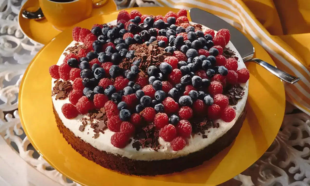 Ein k&ouml;stlicher Geburtstagskuchen mit Beeren und Schokostreuseln, perfekt f&uuml;r jedes Geburtstagskuchen Rezept.