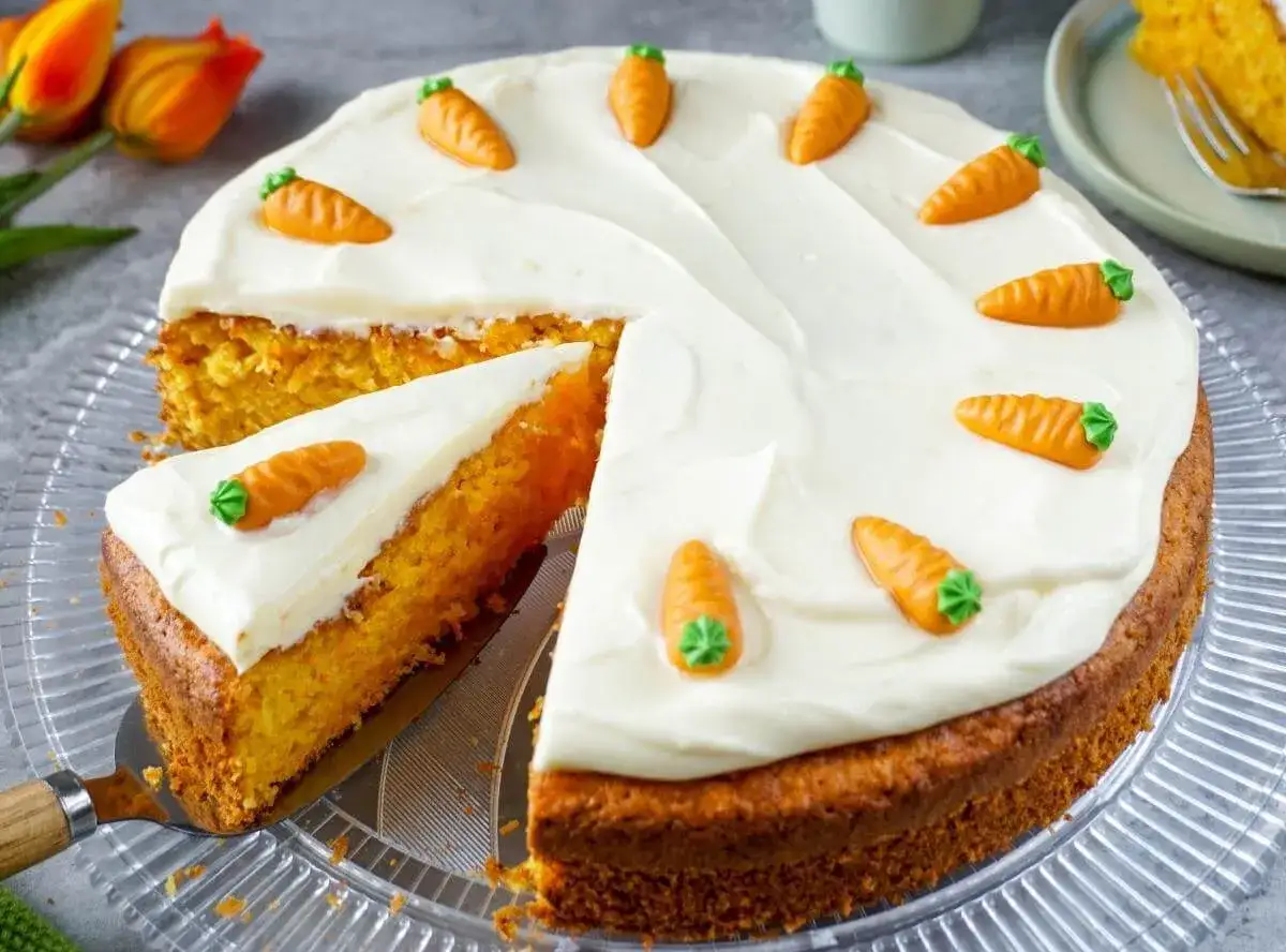 Ein saftiger Karottenkuchen mit cremiger Glasur und kleinen Marzipanm&ouml;hren. Ein St&uuml;ck ist bereits angeschnitten.