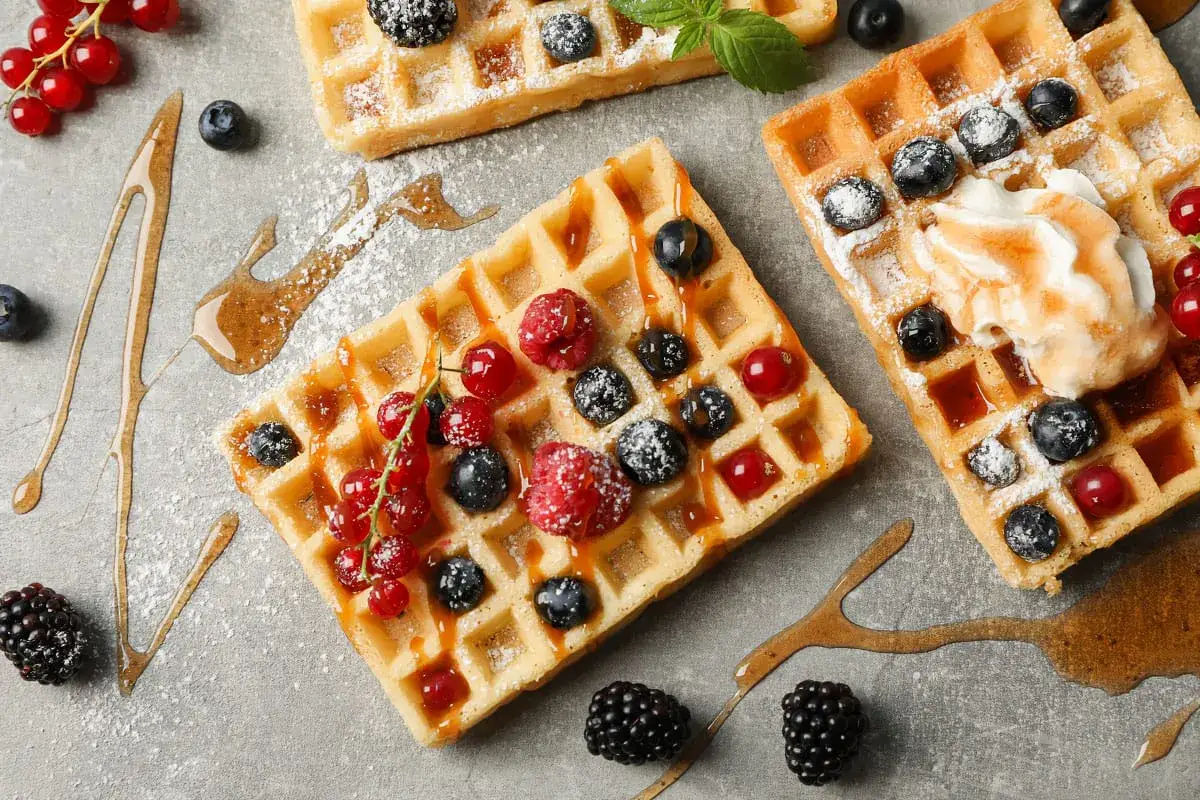 Drei belgische Waffeln mit Beeren, Puderzucker und Sirup. Eine Waffel ist mit Sahne garniert.