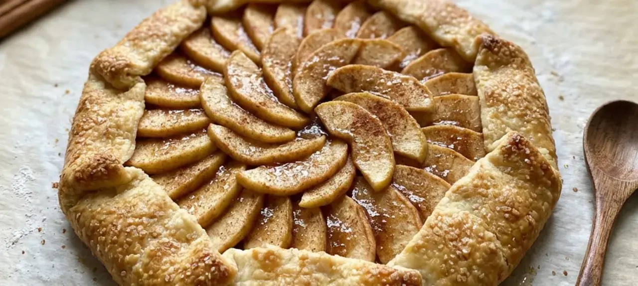 Goldbraune Apfeltarte mit Zimt und Zucker, perfekt f&uuml;r ein einfaches Apfeltarte Rezept. Ein Holzkochl&ouml;ffel liegt daneben.