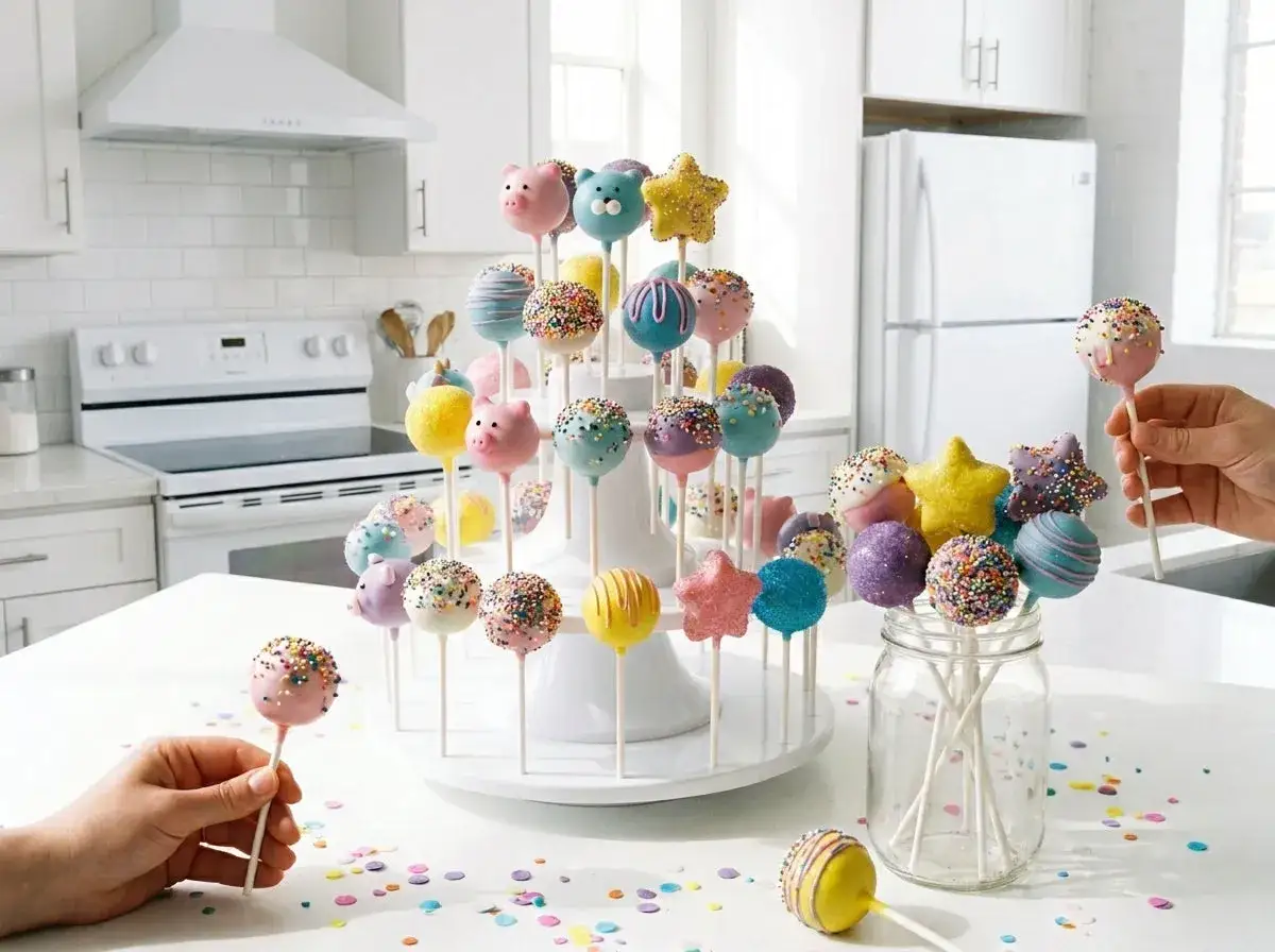 Bunte Kuchen am Stiel in Tier- und Sternformen, dekoriert mit Streuseln, stehen auf einem wei&szlig;en St&auml;nder und in einem Glas.