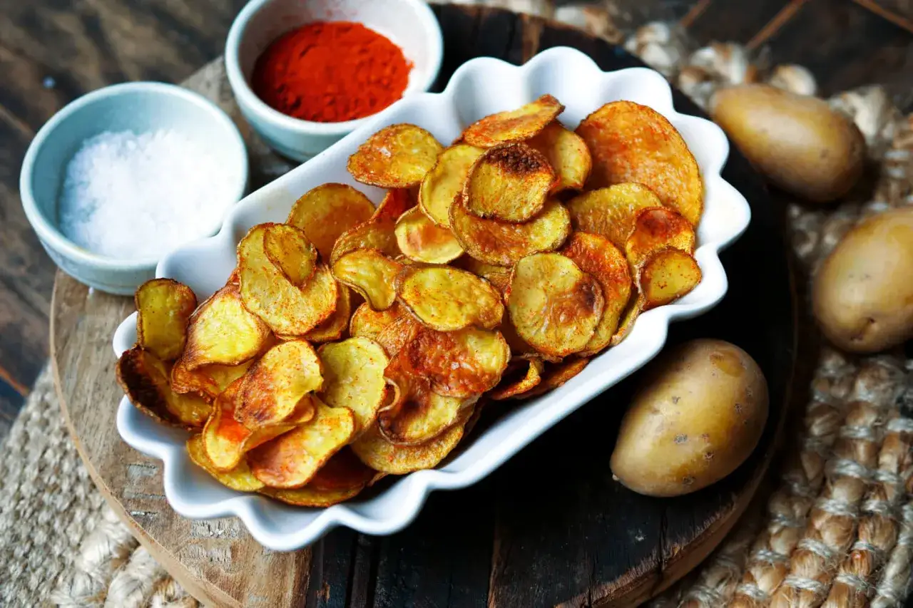 Selbstgemachte Kartoffelchips, goldbraun und knusprig, mit Salz und Paprikapulver gewürzt. So einfach ist kartoffelchips selber machen!