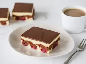 Ein Stück Donauwelle-Kuchen mit Kirschen, Vanillecreme und Schokoladenglasur. Ein leckeres Rezept für den Kaffeetisch.