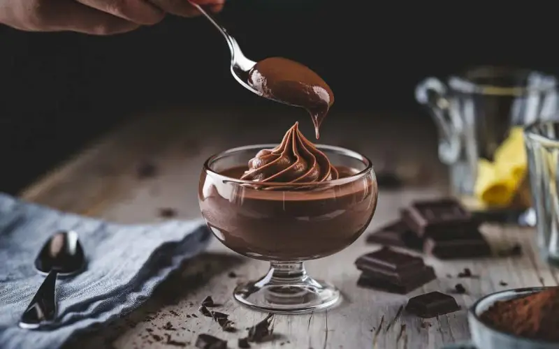 Ein Löffel mit cremigem Mousse au Chocolat tropft auf eine kunstvoll aufgespritze Portion in einem Glas.