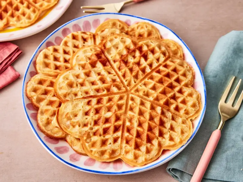 Herzförmige Dinkel Waffeln auf einem Teller, bereit zum Genießen.