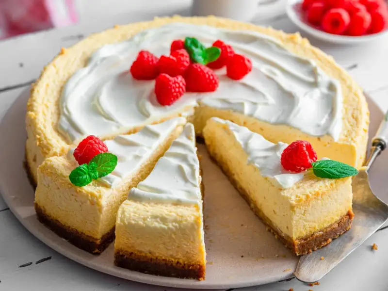 Ein köstliches Cheesecake-Rezept mit frischen Himbeeren und Minze. Cremig, saftig und perfekt für jeden Anlass.